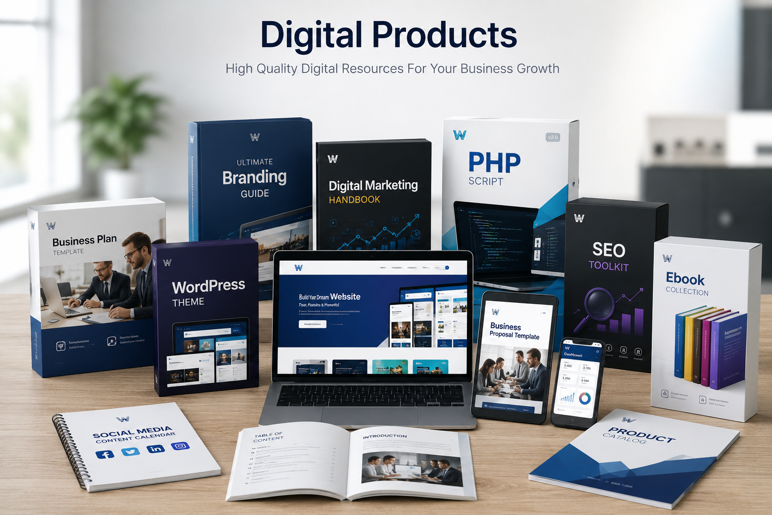 Featured digital products showcase including templates, scripts and guides